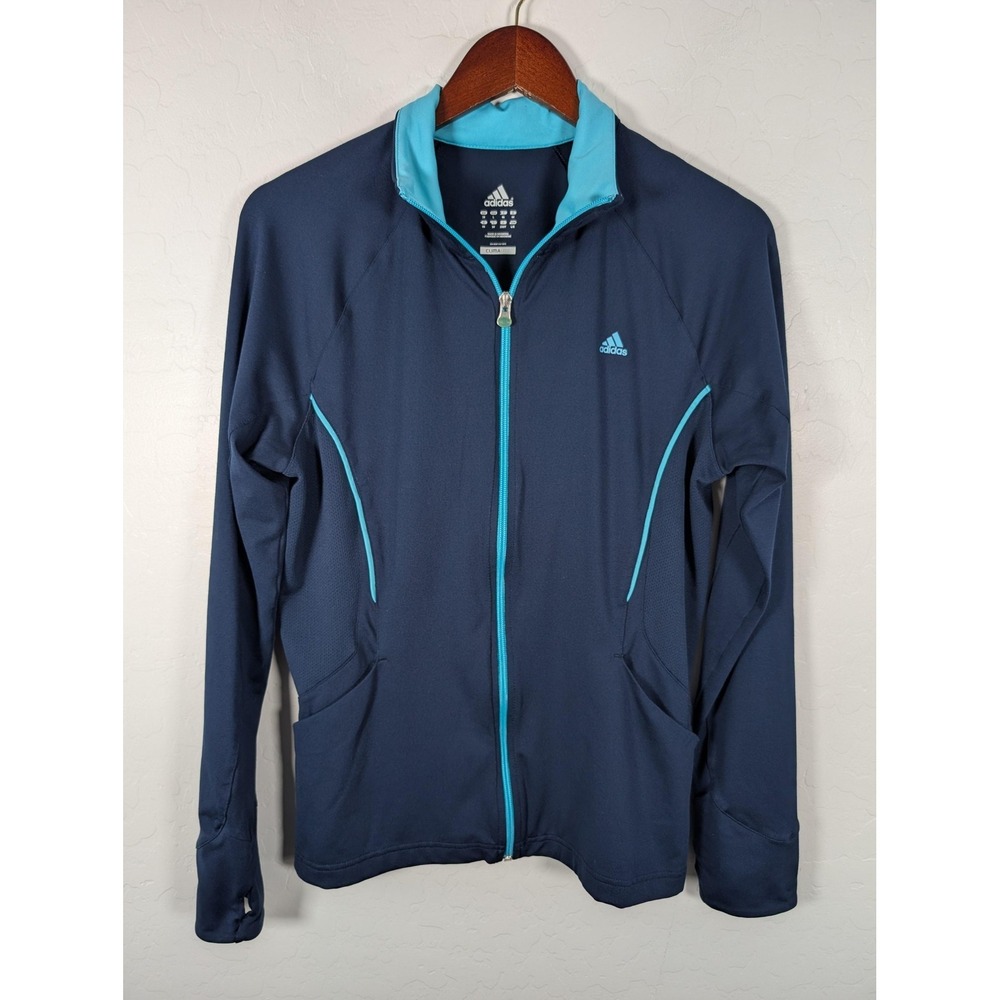 Adidas Jacket Womens Large Blue Climalite Full Zip Thumbholes Running Track